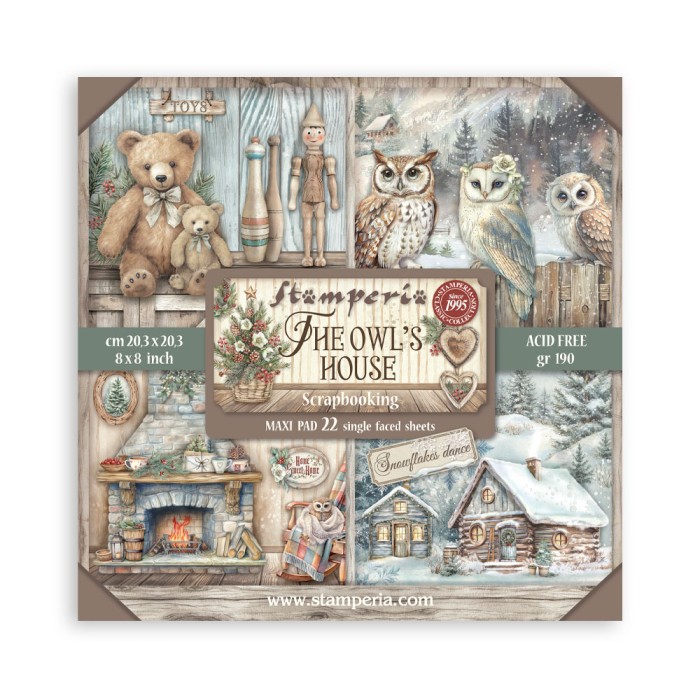 Zestaw jednostronnych papierów do scrapbookingu 20x20 "Owl's House" Maxi  Pack (Single Face) - Stamperia (SBBSXB16)